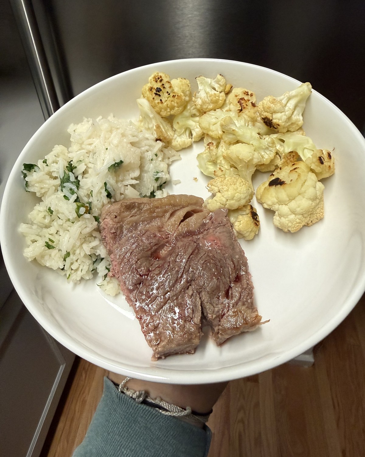 Grilled steak with cilantro lime rice and roasted cauliflower